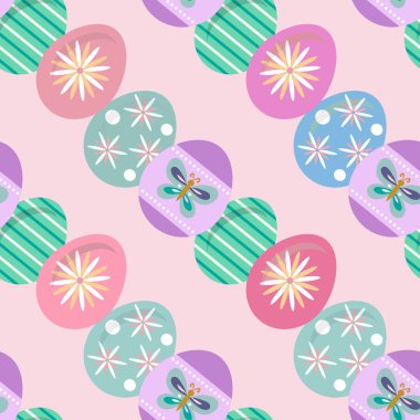 Paskalya yumurtaları ve bahar çiçekleri ile kusursuz paskalya şenlikleri. Tekstil, doku, kumaş, kapak için vektör ilüstrasyon tasarımı.