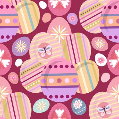 Paskalya yumurtaları ve bahar çiçekleri ile kusursuz paskalya şenlikleri. Tekstil, doku, kumaş, kapak için vektör ilüstrasyon tasarımı.
