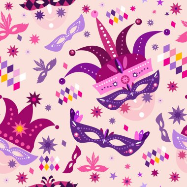 Karnaval, Mardi Gras. Bayramlık çokrenkli maske kusursuz desen Davetiyeler, el ilanları, posterler, web sitesi geçmişleri, ambalaj kağıdı, kumaş taşıyıcı illüstrasyonu için mükemmel