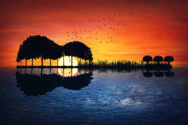 Ilha Guitarra Paisagem Marinha Surreal Dia Refletindo Noite Pôr Sol — Fotografia de Stock