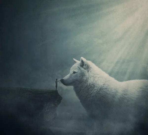 崖の端にいる人とのシュールな夢の国のシーンは巨大な白いオオカミと連絡を取ろうとします ファンタジーアドベンチャー 放浪者の巨大な神話の生き物のチーム 魔法の物語の風景 — ストック写真