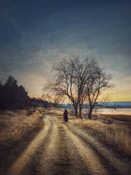 Solitario Nómada Caminando Por Camino Rural Mohosa Tranquila Escena Nocturna —  Fotos de Stock