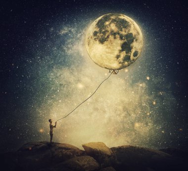 Dolunayı ipli bir balon gibi tutan birinin olduğu gerçeküstü ve ilham verici bir sahne. Gece boyunca hayali bir görüntü hayal et. Yıldızlı arka plan.