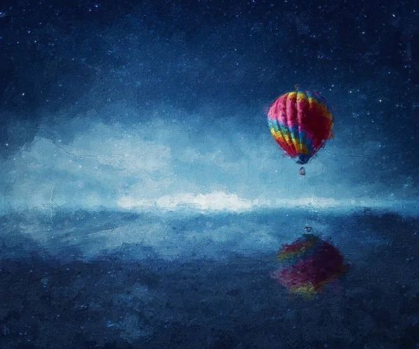 Beautiful Painting Hot Air Balloon Flying Blue Sea Starry Night — Fotografie, imagine de stoc