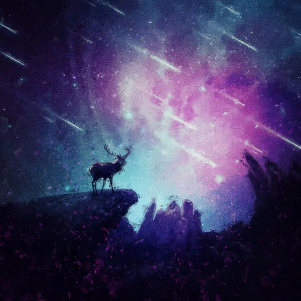 一幅美丽的图画 描绘了一只孤独的鹿在星空背景的悬崖顶上 彗星坠落的美妙场景 — 图库照片