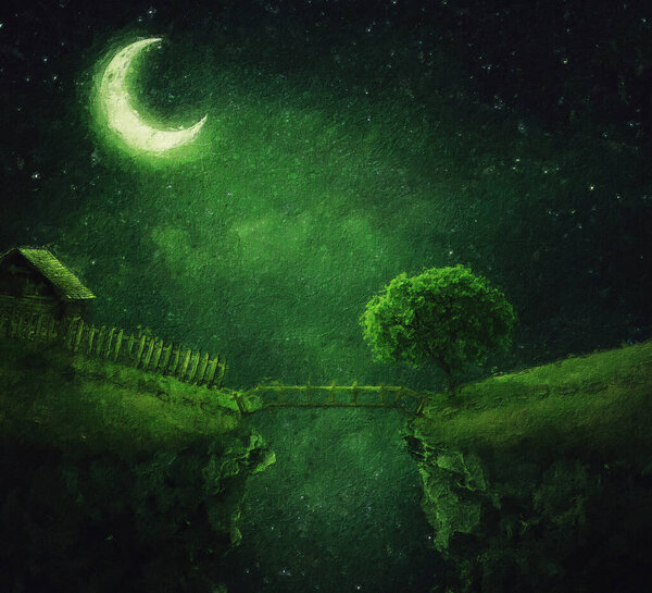 Beautiful painting with a isolated country house on the edge of a chasm with a bridge over the abyss. Marvelous night scene with crescent moon and green spell shades