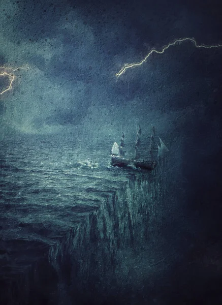 Surreal Painting Ship Wrecked End World Crashing Another Dimension Ocean — 스톡 사진