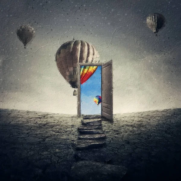 Surreal Painting Imaginary Door Another Better World Pathway Desolate Field — Fotografia de Stock