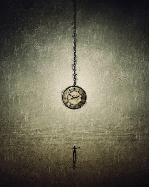 在狂风暴雨中 一个人张开双臂站在一个悬挂的钟前面的超写实主义的时间概念 — 图库照片