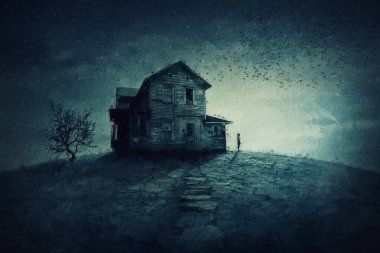 Perili bir evin yanında yalnız bir insanla resim yapmak heyecan verici. Hayalet toprakları, kasvetli ve karanlık bir atmosfer ölü bir ağaç ve terk edilmiş evlerinden uçan yarasalar.