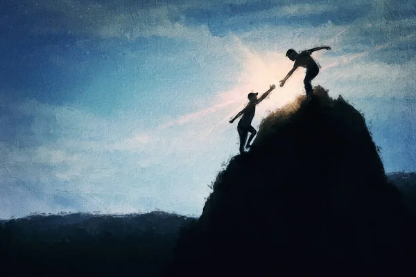 与两个朋友一起爬上一座山的概念画 互相帮助 达到最高峰 登山者在悬崖上远足时的轮廓 友谊的概念 鼓舞人心的团队合作场景 — 图库照片