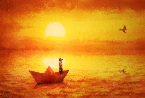 美丽的绘画与一个男孩漂浮在纸船上 梦幻般的航行 金色的落日映照在平静的海水上 超现实海景 航海旅行和探险概念 — 图库照片