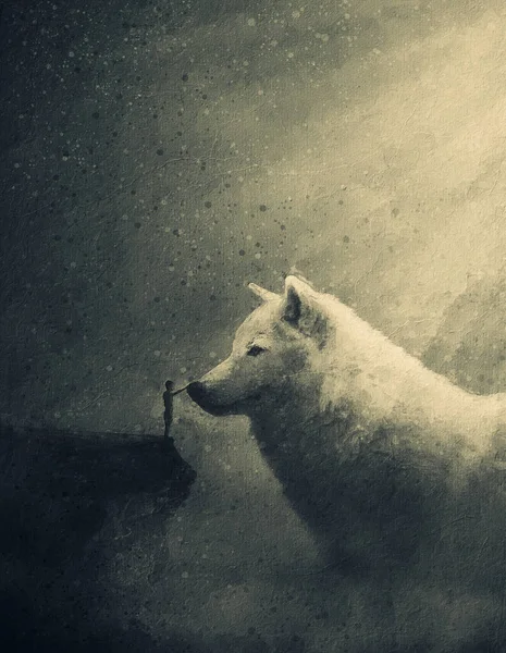 Wonderful Painting Man Hill Caressing His Friend Giant White Wolf —  Fotos de Stock