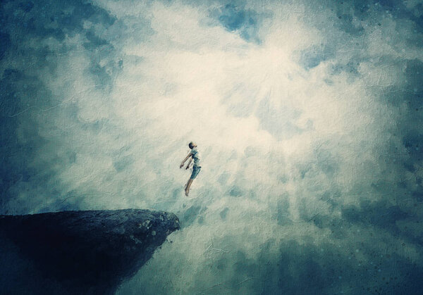 Beautiful painting with a person jumping off a cliff into the clouds. Surreal scene of a boy flying to the light, freedom concept. Mysterious astral levitation and unconscious psychokinesis rapture