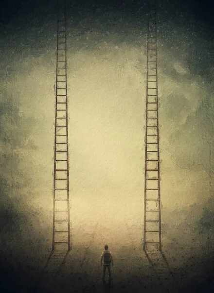 Surreal Painting Two Identical Ladders Leading Sky Stairway Heaven Choice — Fotografia de Stock