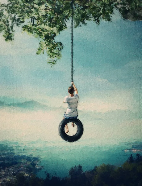 Beautiful Painting Boy Swaying Tire Swing Wonderful Scenic View Town — 스톡 사진
