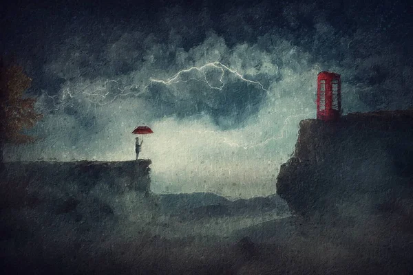 Painting Person Umbrella Standing Storm Edge Cliff Looking Phone Booth — Stock Photo, Image
