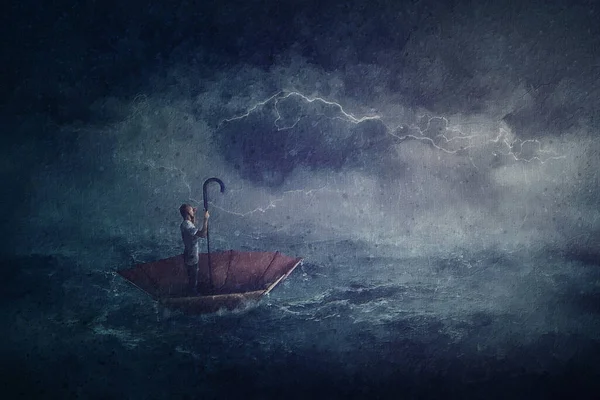 Sailing Painting Lone Person Ocean Floating Umbrella Boat Surreal Scene — Stock Photo, Image