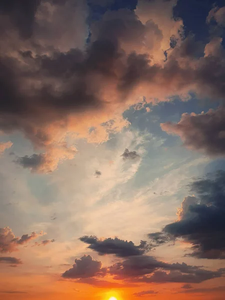 Wonderful Colored Sunset Sky Tiny Sun Horizon Vertical Celestial Background — стоковое фото