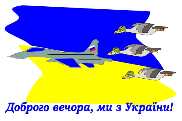 鹅追逐着飞机 一个关于乌克兰战争的迷因 其爱国口号是 晚上好 我们来自乌克兰的战争 — 图库矢量图片