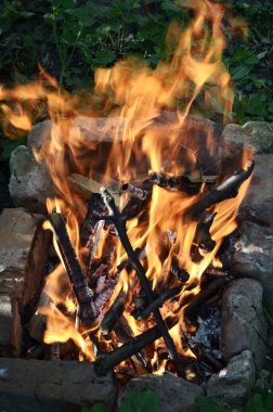 Yakacak odun yakıyorum. Odun ızgarada yanıyor. şenlik ateşi yakın