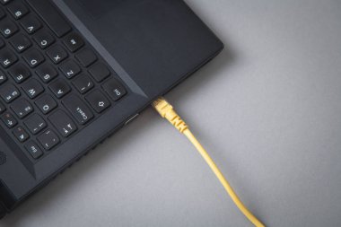 Sarı ağ kablosu ve dizüstü bilgisayar.