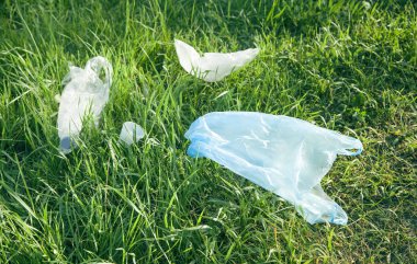 Parktaki çimlerin üzerinde plastik torbalar.