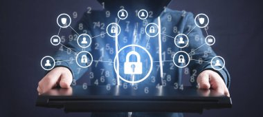 Hacker 'ın elinde asma kilit ve ağ var. Siber Suçlar 