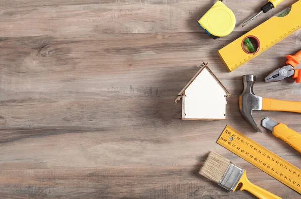 Herramientas Trabajo Con Modelo Casa Madera — Foto de Stock