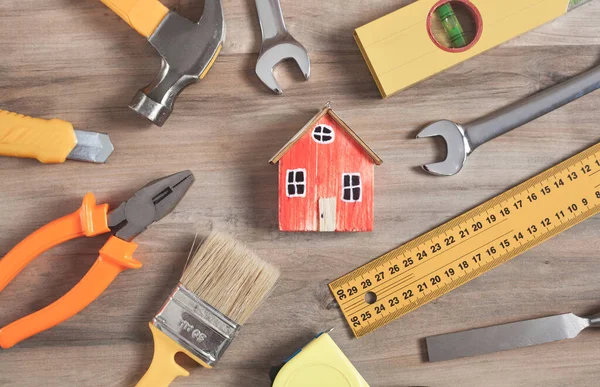 Herramientas Trabajo Con Modelo Casa Madera — Foto de Stock