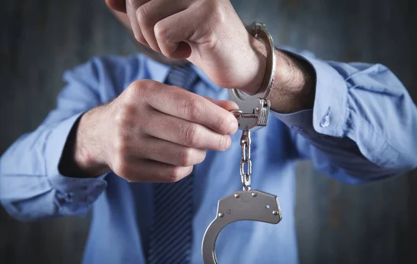 Man Unlocking Handcuffs Key Freedom Concept — Stock Photo, Image