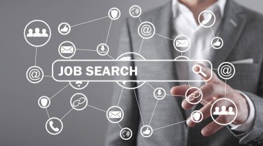 İş adamı ekrana dokunuyor. Görev Araması