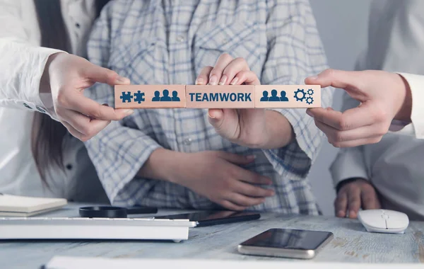 Business People Holding Wooden Blocks Concept Teamwork — Stock Photo, Image