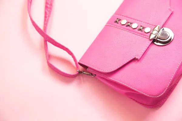 Pink Leather Handbag Pink Background — Stock Photo, Image