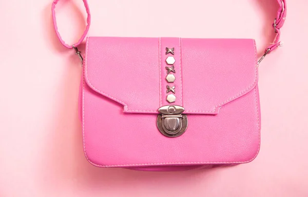 Pink Leather Handbag Pink Background — Stock Photo, Image