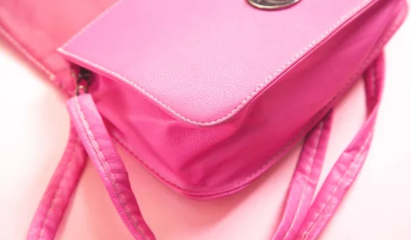 Detail Pink Leather Handbag Pink Background — Stock Photo, Image