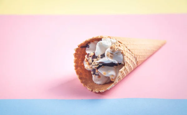 Ice Cream Waffle Cone Yellow Blue Pink Background — Stock Photo, Image