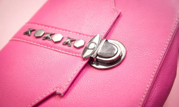 Detail Pink Leather Handbag Pink Background — Stock Photo, Image