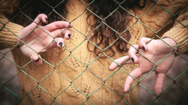 Hands Caucasian Girl Wire Fence — Stock Photo, Image