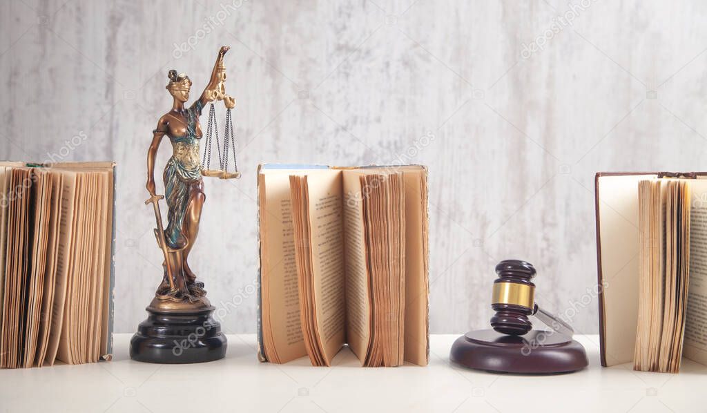  Statue of Lady Justice, book and gavel. Legal and Law 