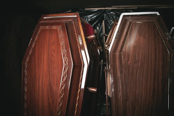 Wooden Coffins Dark Room — Stock Photo, Image