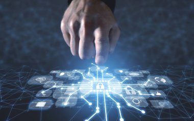 Ağ ve dijital simgelerde erkek el çabukluğu. Veri koruması. İnternet güvenliği