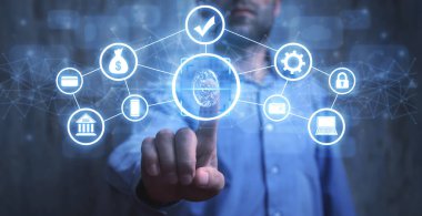 Erkek el parmak izi taraması için dokunuyor. İnternet bankacılığı. Erişim güvenliği