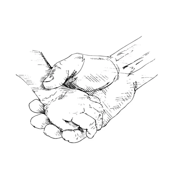 Ouder en kind hand vasthouden, met de hand getekend illustratie, Monochroom geïsoleerde vector — Stockvector