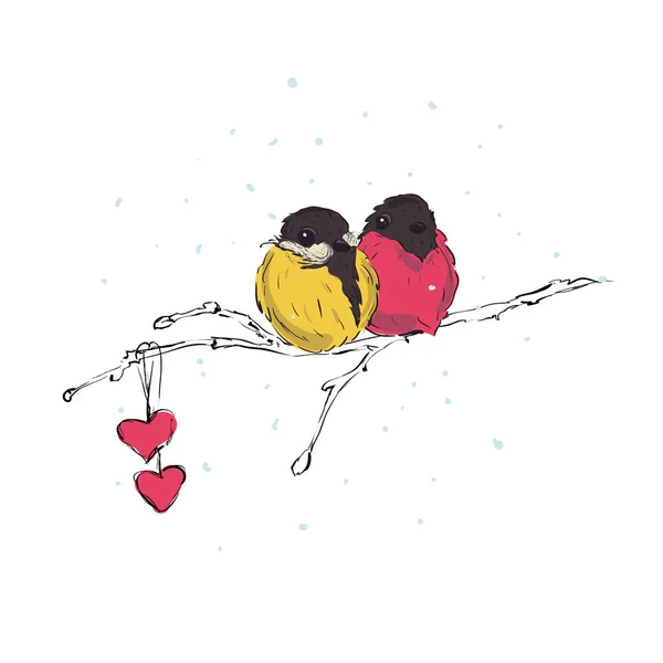 Two birds sitting on a branch. Vector illustration