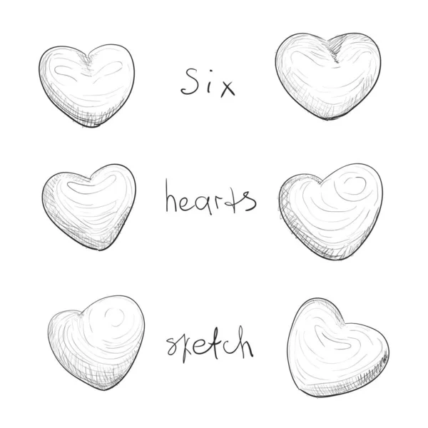 Zestaw sześciu ręcznie narysowanych serc. Ilustracja wektora — Wektor stockowy