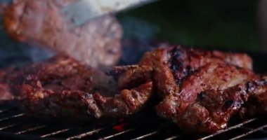 Izgarada ızgara et. Yemek pikniği konsepti. Boşluğu kopyala.