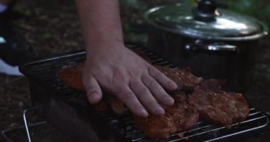 Mangalda et, mangalda et, arka bahçede ızgara et, ızgara biftek, yaz aile pikniği, doğada yemek..