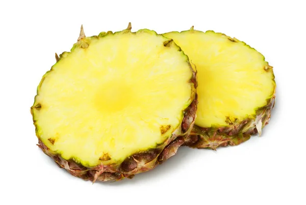 Dojrzałe Soczyste Okrągłe Plastry Ananasów Odizolowane Białym Tle Świeże Owoce — Zdjęcie stockowe