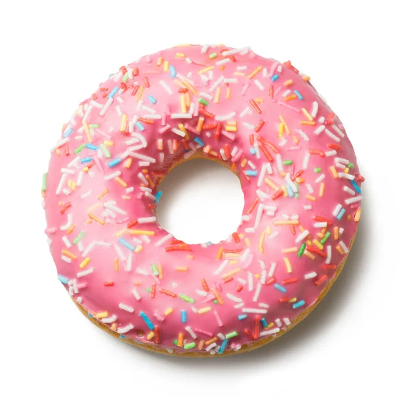 Donut Met Roze Glazuur Een Witte Achtergrond Uitzicht Van Bovenaf Stockafbeelding